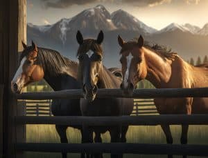 Three horses standing over fence on a colorado ranch